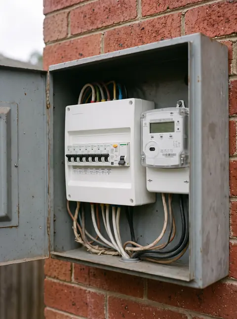 Modern switchboard with a neat row of circuit breakers inside a meter box