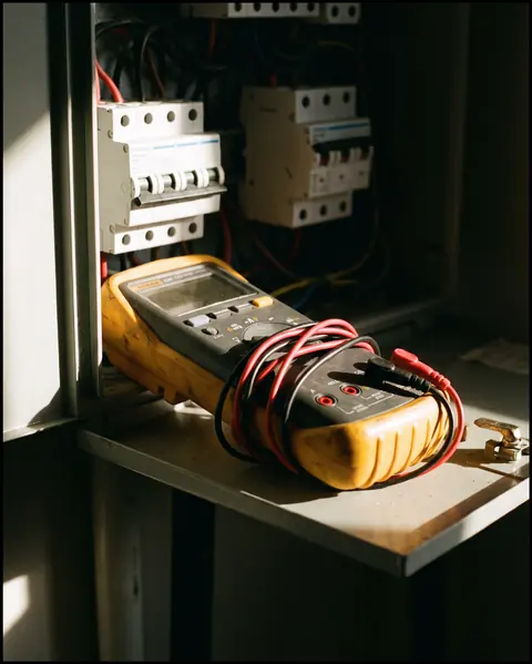 Digital multimeter and test leads resting in an open switchboard