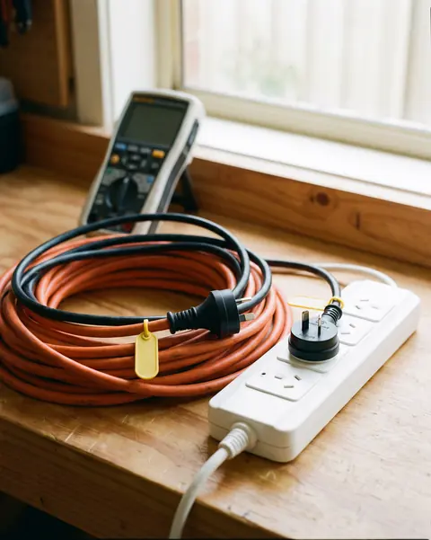 Extension lead and power board with yellow safety test tags on a workbench
