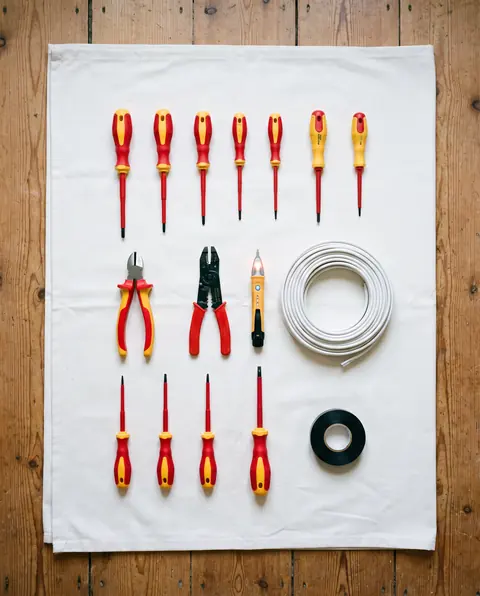 Electrician tools laid out neatly on a clean drop sheet